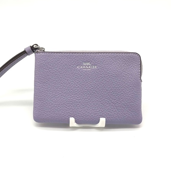 Coach Pebbled Leather Corner Zip Wristlet In Silver Mist